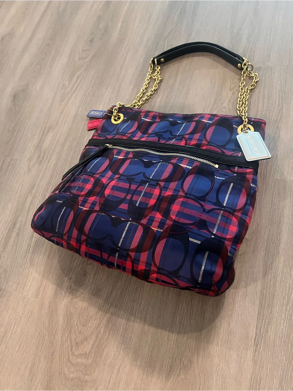 Coach Poppy metallic Tartan Plaid slim chain tote